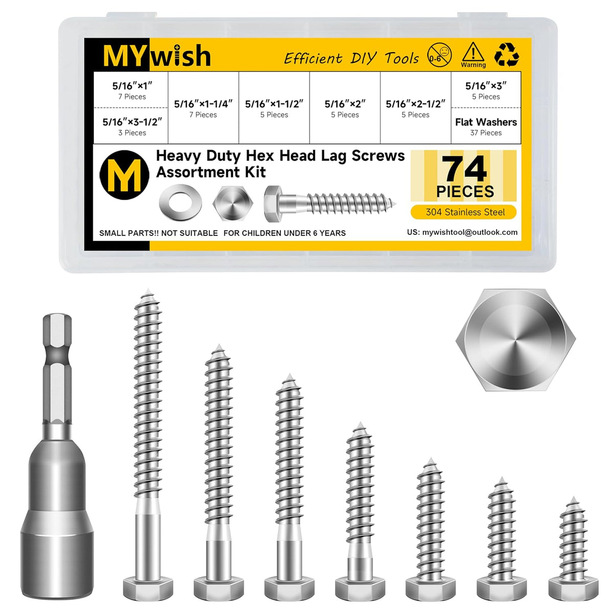 5/16 Hex Head Lag Screws Assortment Kit, 74Pcs Heavy Duty Lag Bolts with Washers, 304 Stainless Steel Bolts 18-8