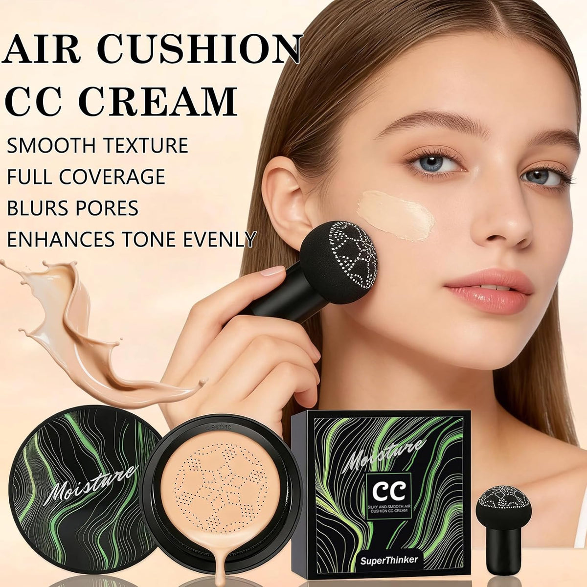 Cushion Foundation Concealer for Women, Face Makeup Air Cushion CC Cream Foundation for Mature Skin, Even Skin Tone