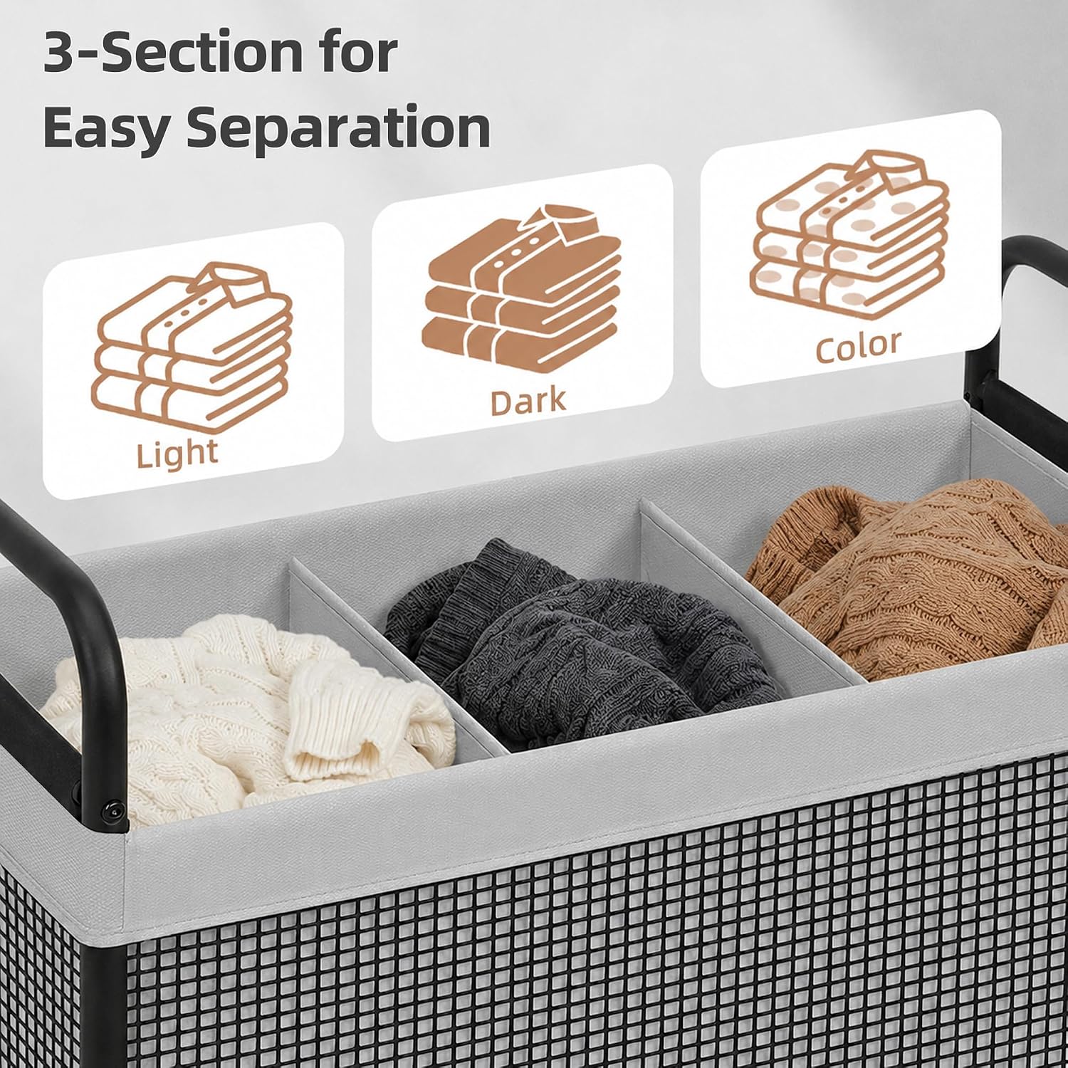 Rolling Laundry Hamper with Wheels 3-Section Laundry Sorter Rolling Laundrys Basket on Wheels with Removable Bag