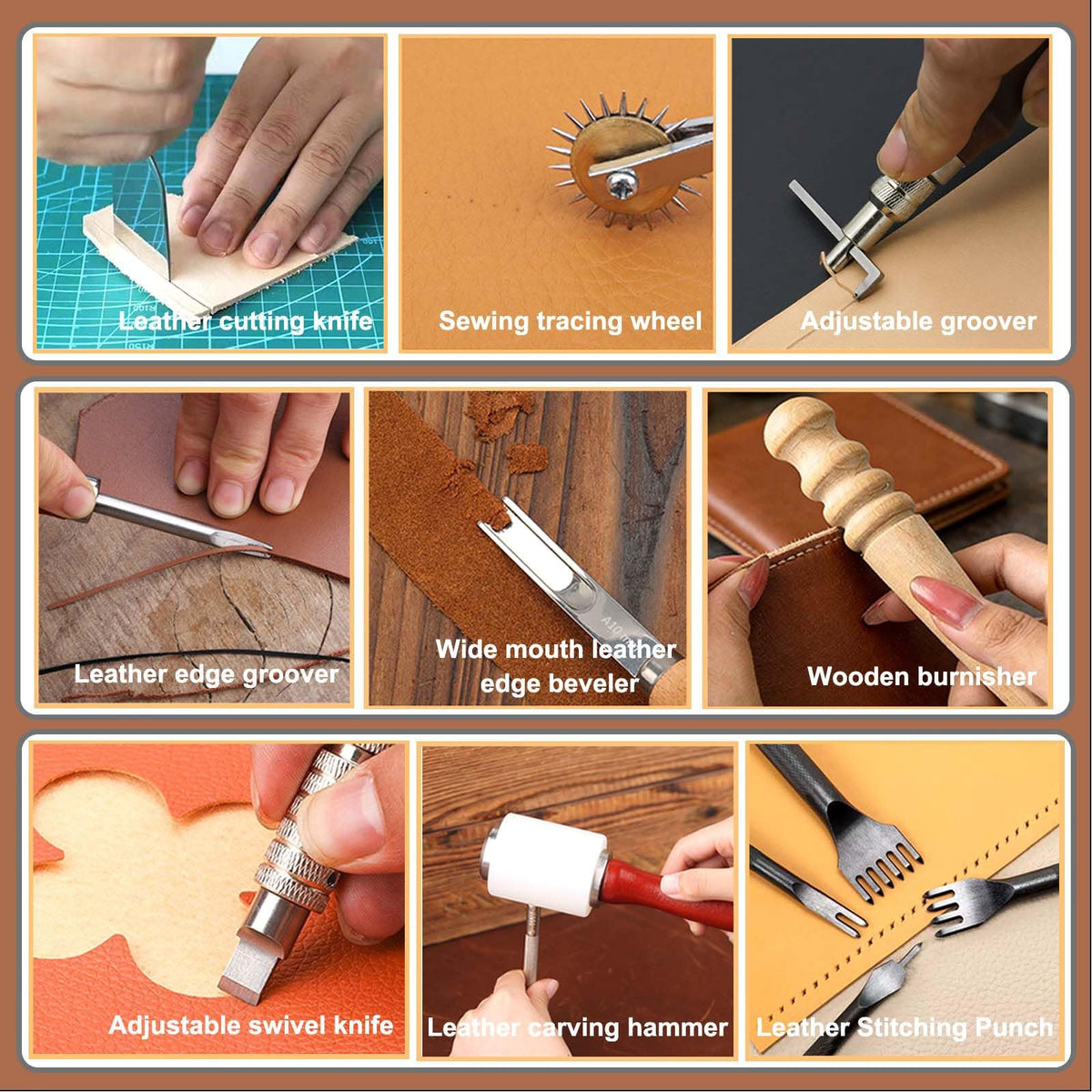 Leather Working Tools, Practical Leather Craft Kit with Carving Sewing Punching Cutting and Other Sanding Tools for