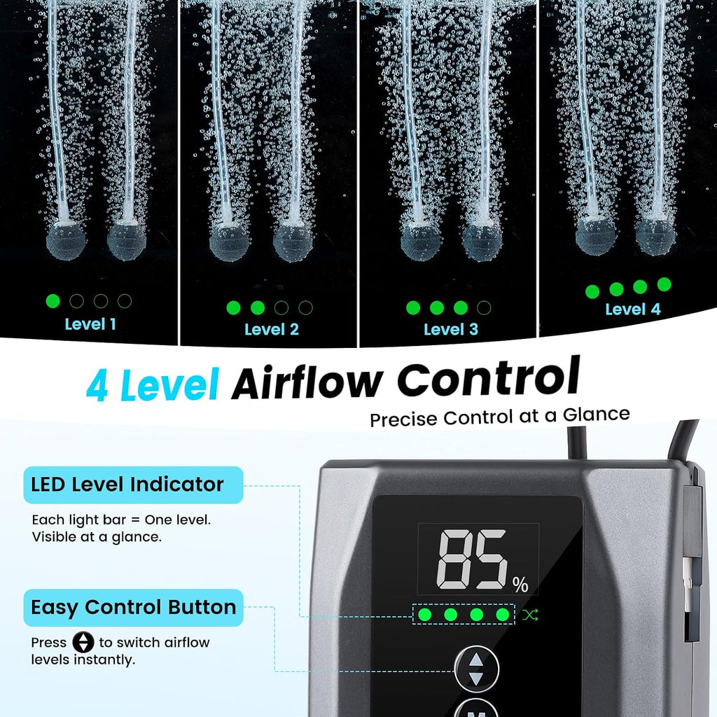 Battery Powered Aquarium Air Pump with Digital Display, Quiet Fish Tank Aerator & Bubbler up to 60 Gal, USB