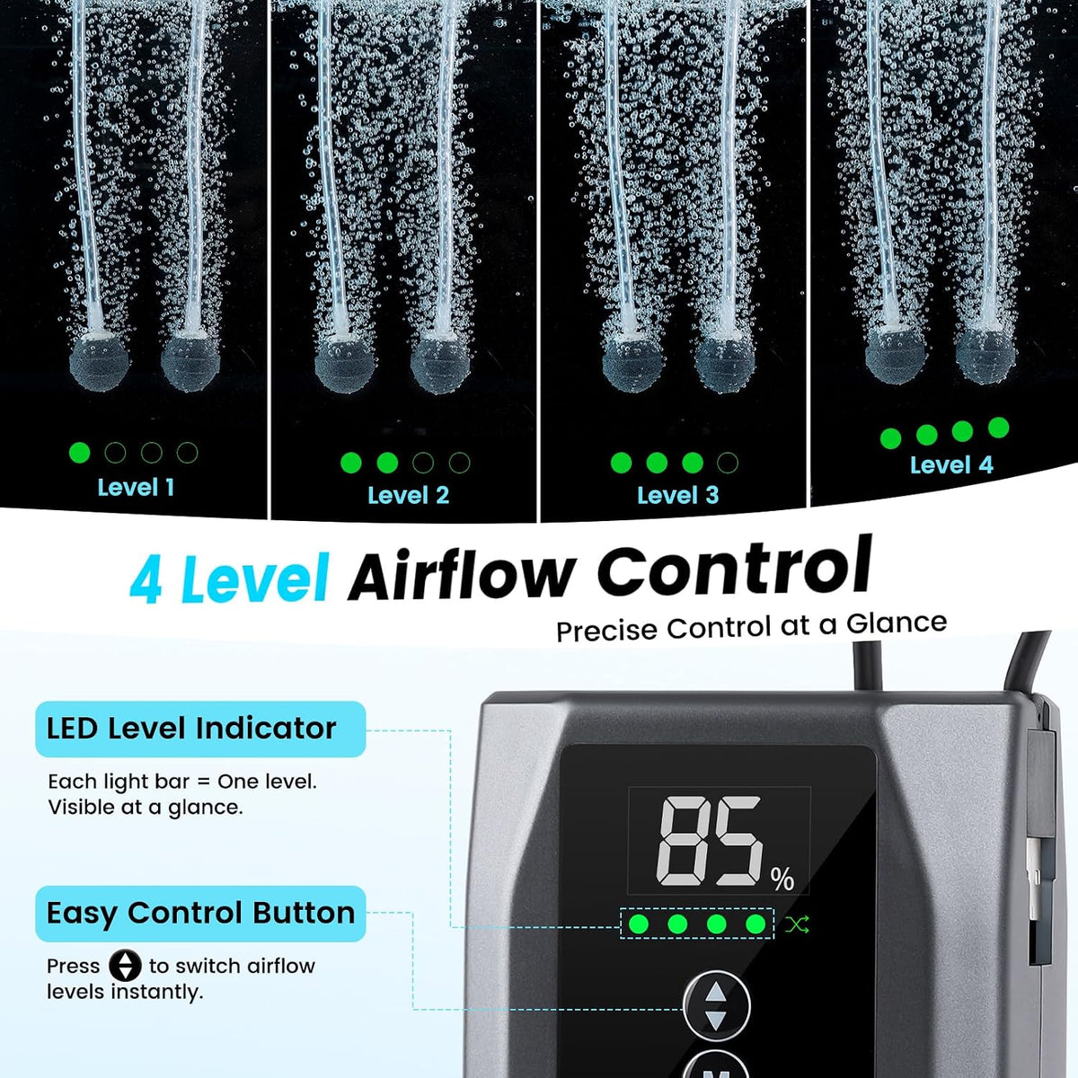 Battery Powered Aquarium Air Pump with Digital Display, Quiet Fish Tank Aerator & Bubbler up to 60 Gal, USB