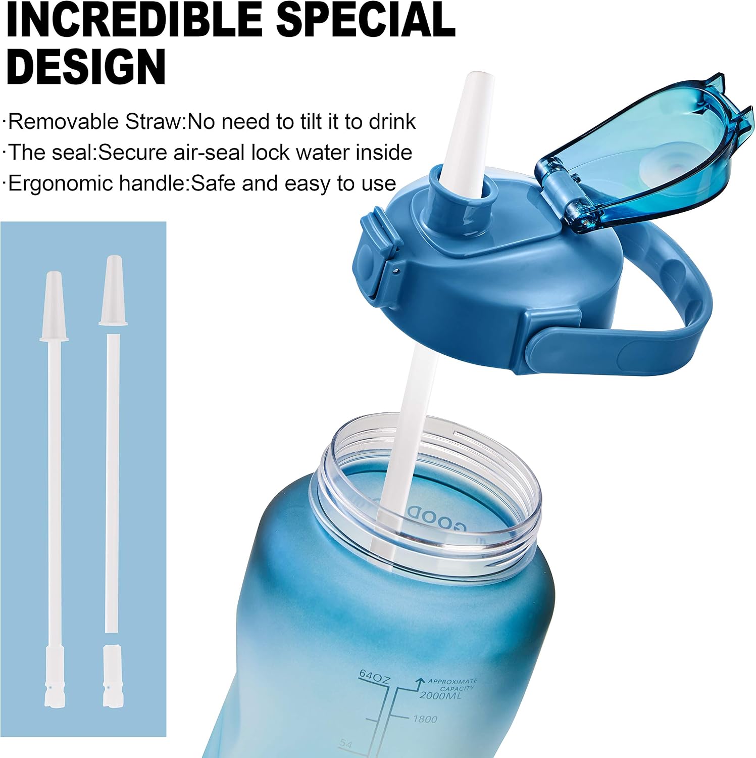 64oz/128oz Leakproof Free Drinking Water Bottle with Motivational Time Marker BPA Free for Fitness, Gym and Outdoor