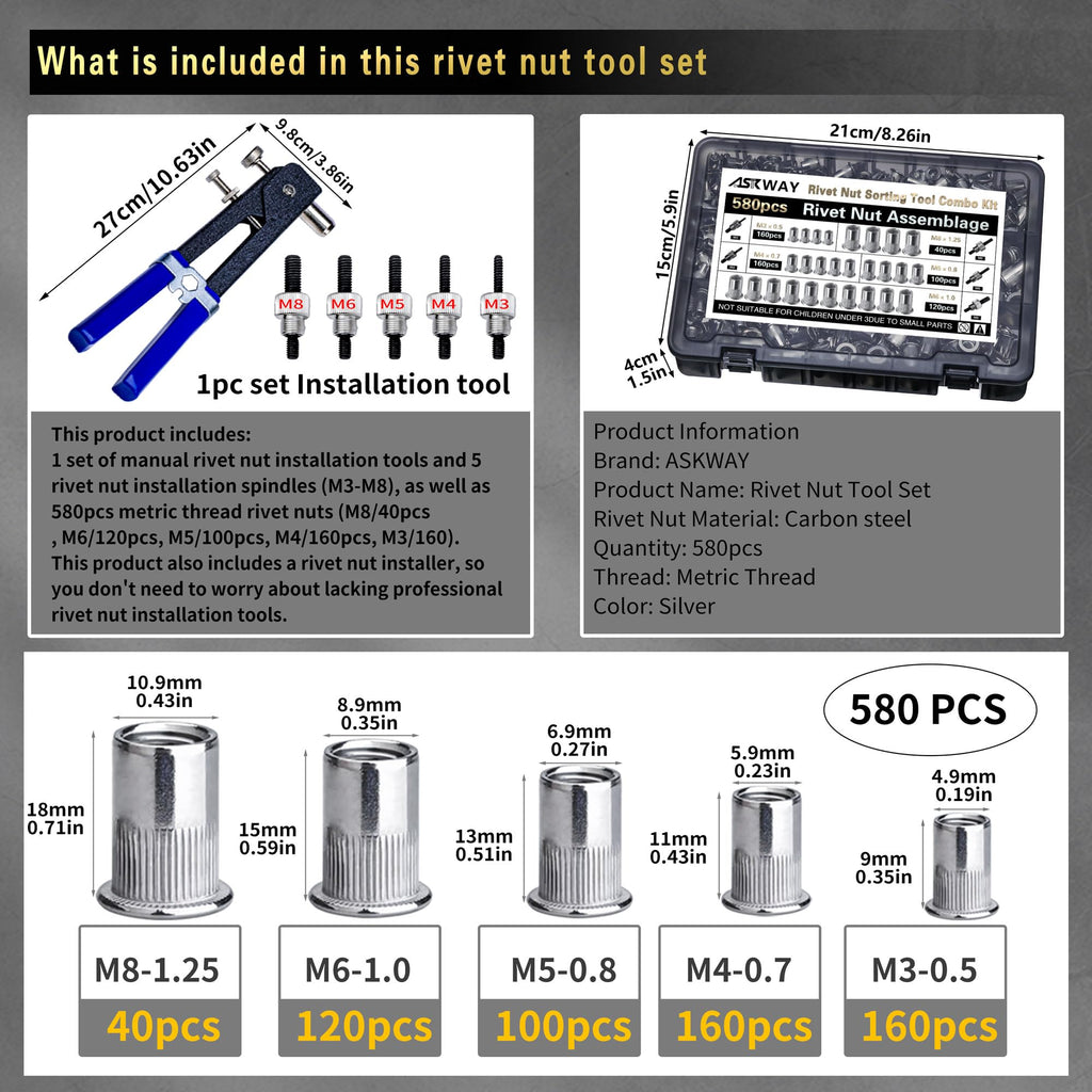 ASKWAY Metric Rivet Nut Tool Set 580pcs Threaded Rivet Nut Tool Kit
