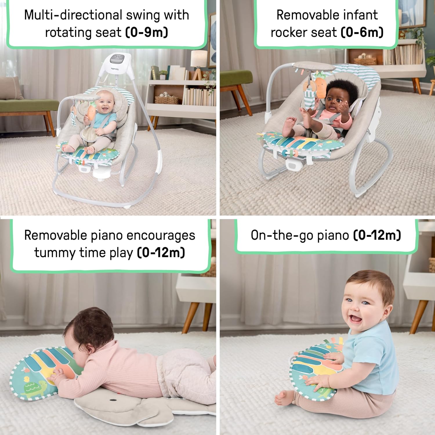 SimpleComfort Piano Playtime 4-in-1 Baby Swing & Rocker, Soothes & Grows with Baby, Rotating Seat Swings in 3