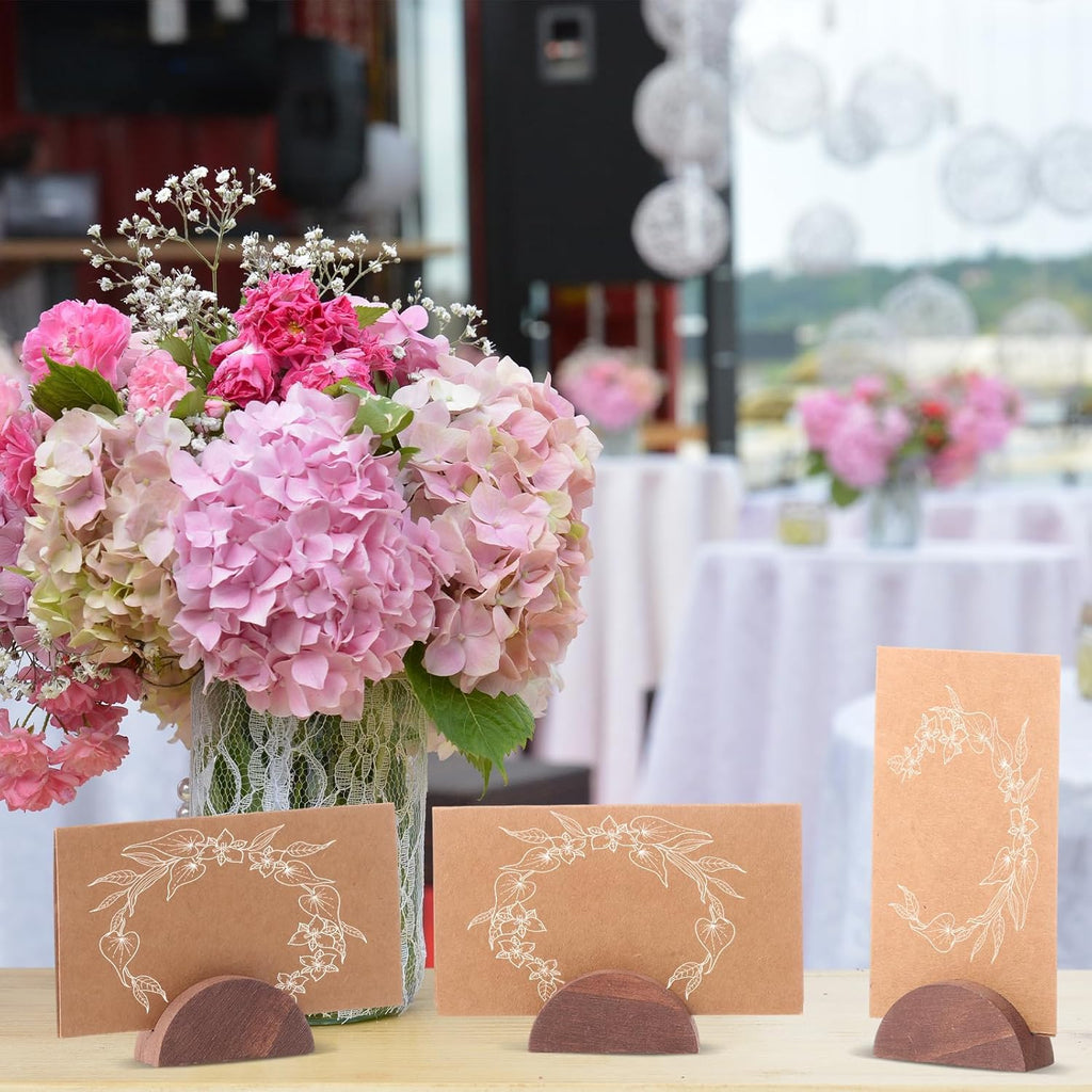 24 Pcs Wooden Table Number Stands with Tented Cards,Brown | Place Card Holders for Weddings, Semicircle Wood Base