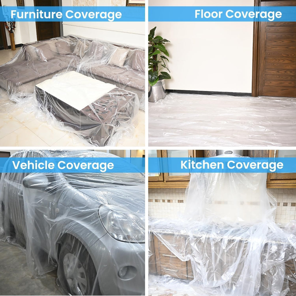 Dirt Defence Plastic Drop Cloth, 9x12 Ft 10 Pack Plastic Sheeting for Painting, Waterproof &