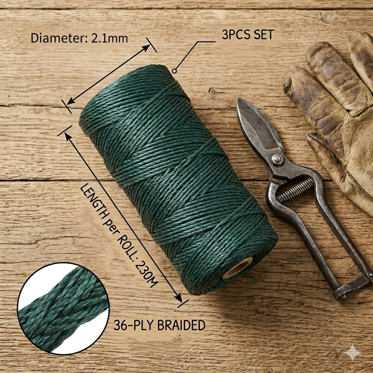 3 Pack Garden Twine, 36 Strands Nylon Twine 2.1mm Thick 754ft Green Mason Line, Heavy Duty Twisted Nylon Rope for