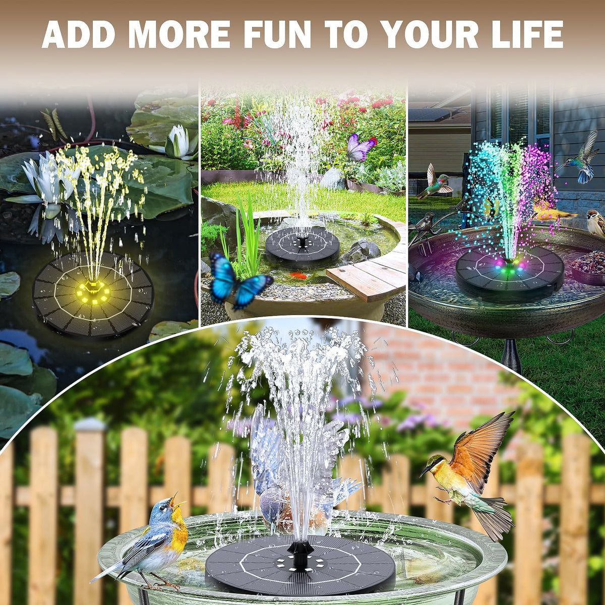 Solar Fountain for Bird Bath Colorful Lights Automatic Cycle 3.5W Solar Water Fountain Outdoor Garden 2200mAh Battery