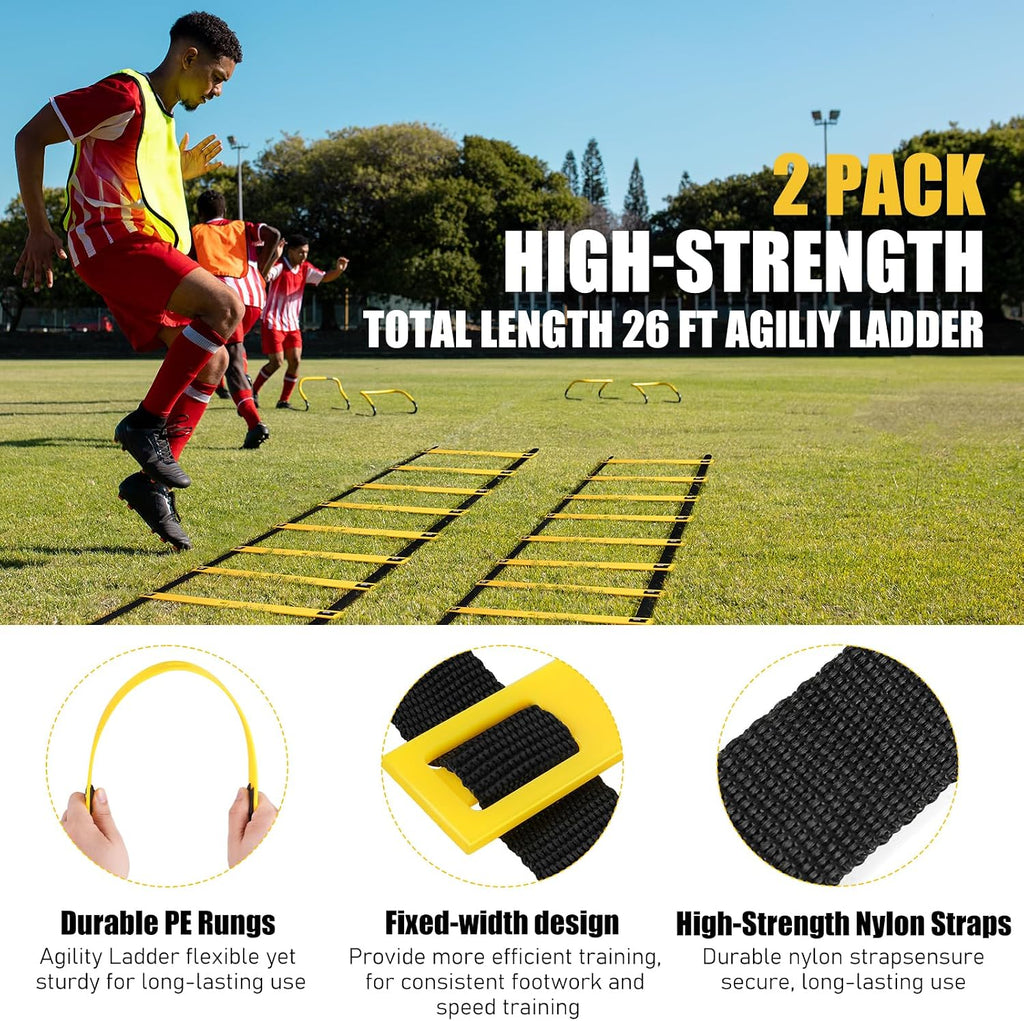 2 Pack Agility Ladder, Soccer Speed Training Equipment Set | Total 26 ft Agility Ladder, 12 Cones, 4 Adjustable