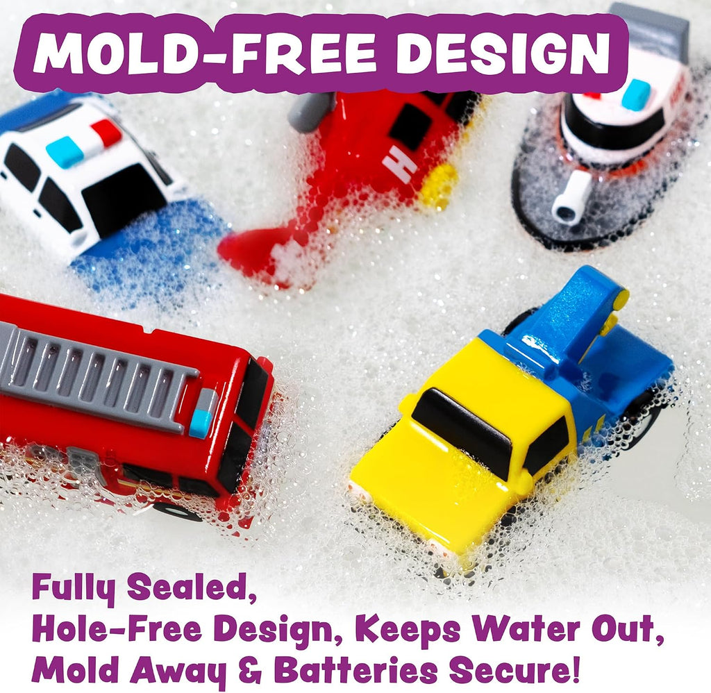 Emergency Cars Light Up Bath Toys, 6 Pack | Water-Activated Light Up Toys Flash & Change Color | Soft, Squeezable