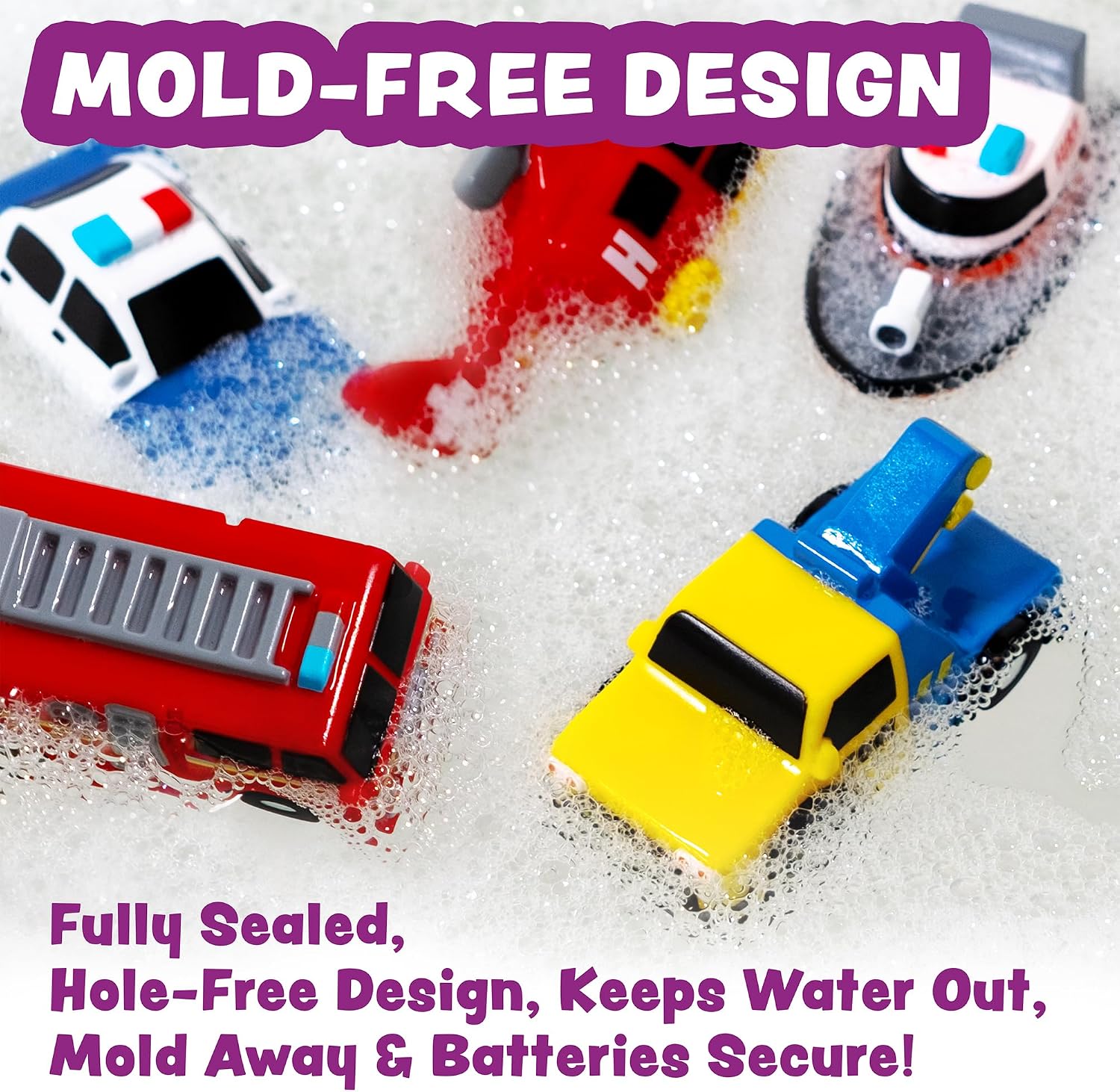 Emergency Cars Light Up Bath Toys, 6 Pack | Water-Activated Light Up Toys Flash & Change Color | Soft, Squeezable