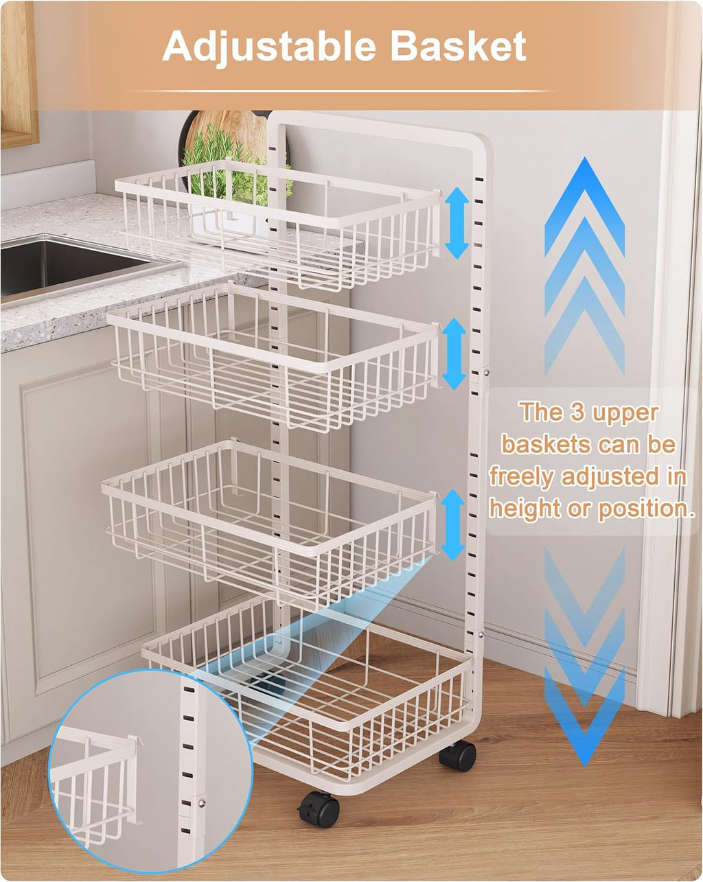 4-Tier Kitchen Storage Cart Metal Snack Cart Adjustable Fruit Basket on Wheels Stand Baskets for Potato Onion Produce