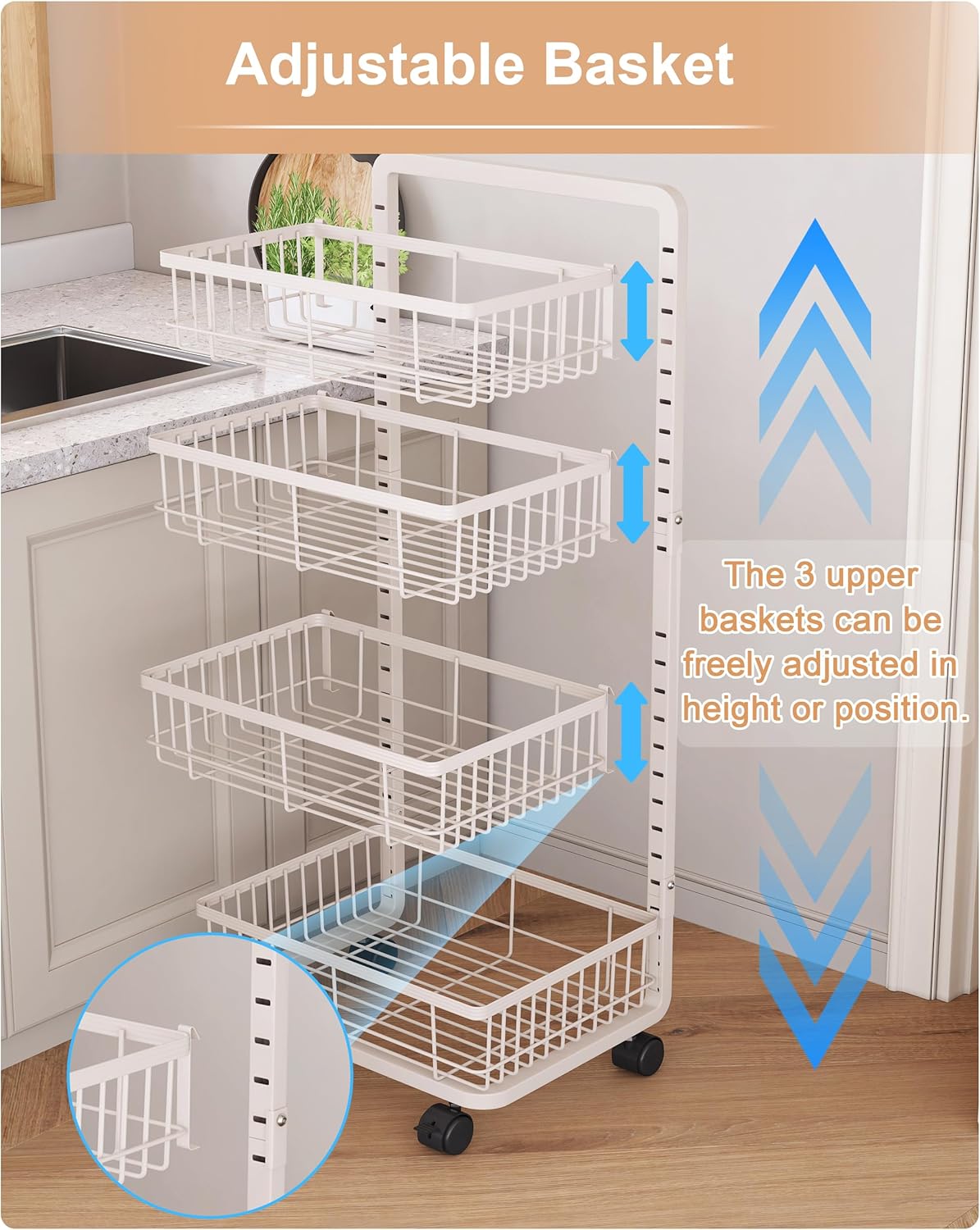 4-Tier Kitchen Storage Cart Metal Snack Cart Adjustable Fruit Basket on Wheels Stand Baskets for Potato Onion Produce