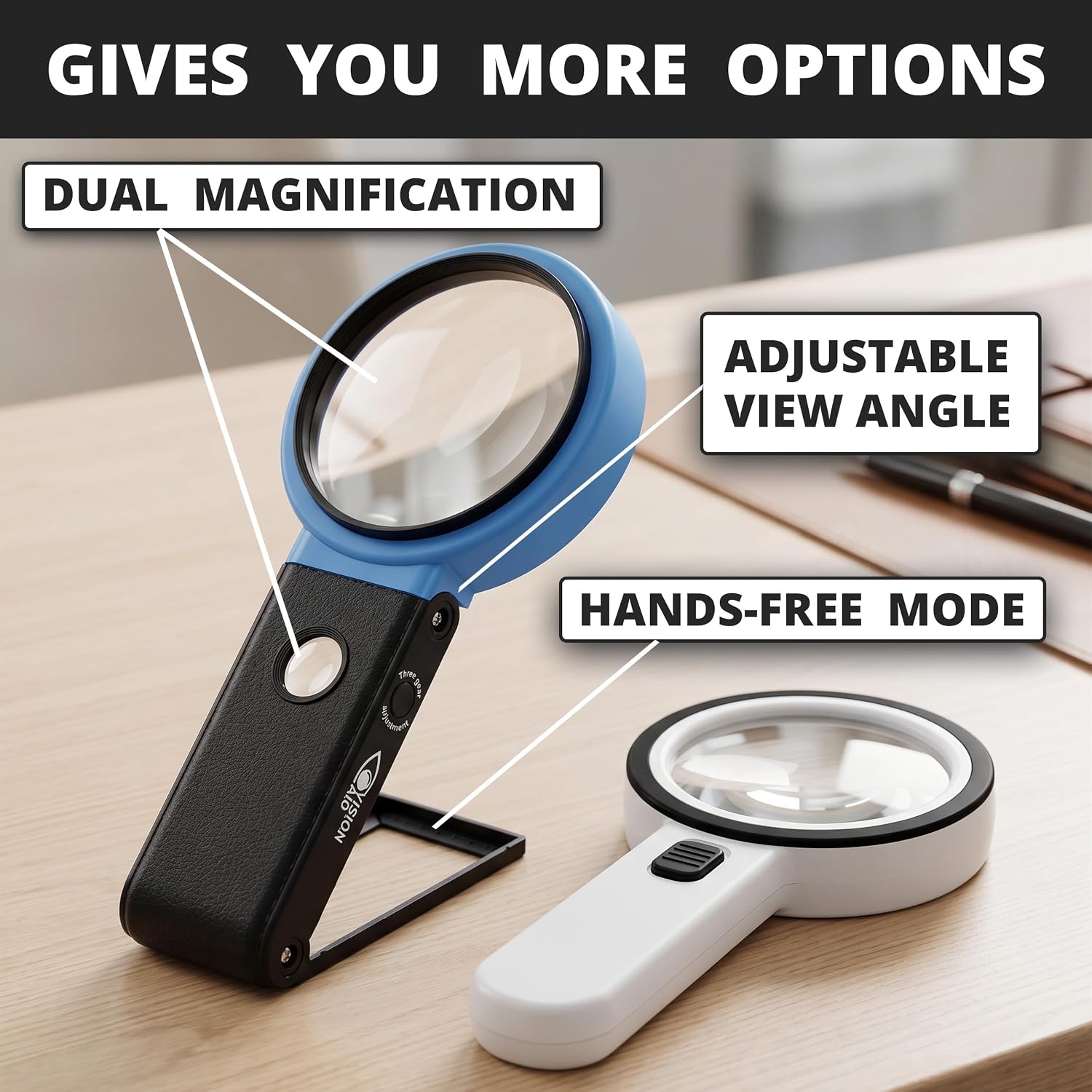 VisionAid 30X 10X Hands-Free Magnifying Glass with Stand, LED Lights, Loupe Handheld Illuminated Magnifier for Low
