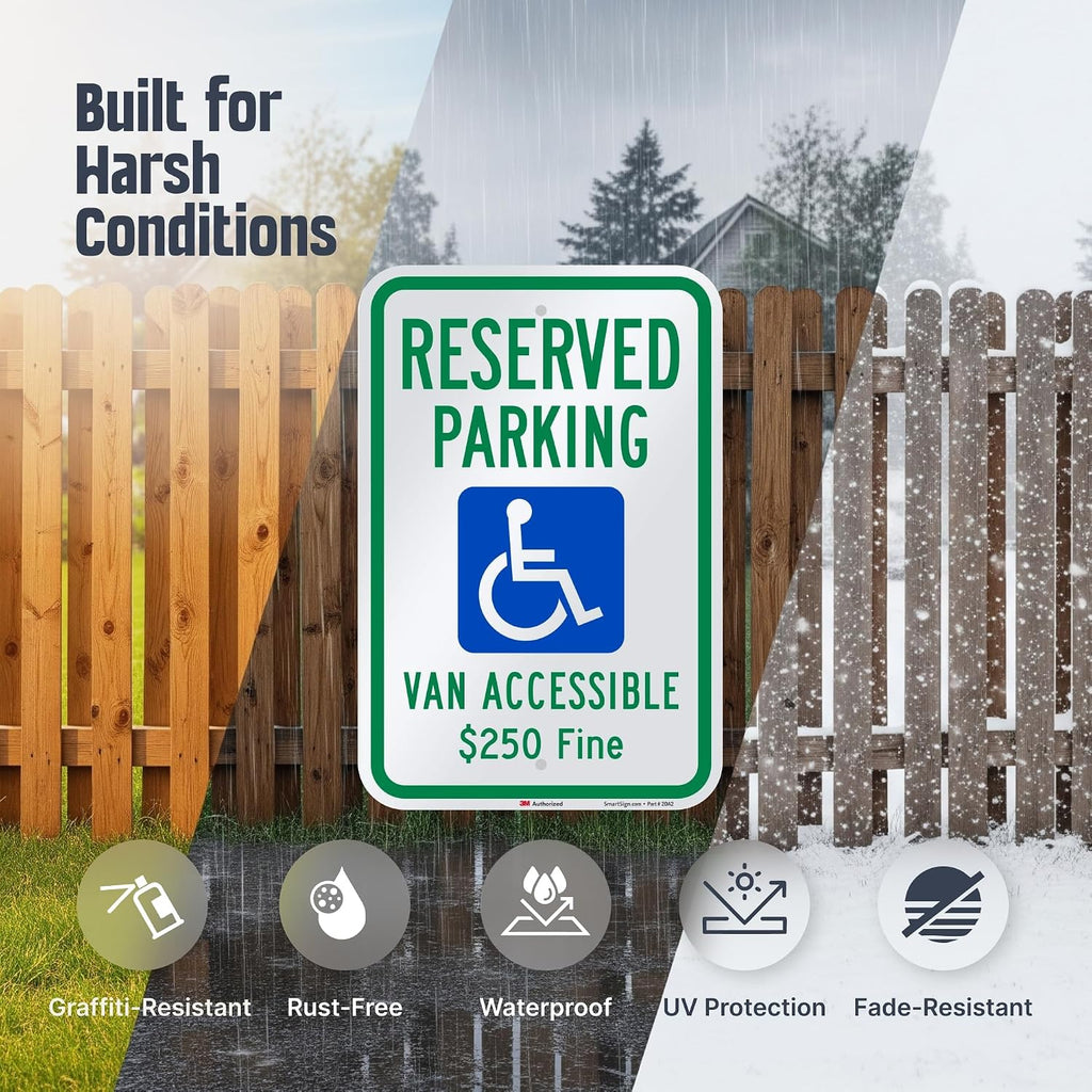 "Reserved Parking - Van Accessible, $250 Fine" Handicap Parking Sign | 12" x 18" 3M Engineer Grade Reflective Aluminum