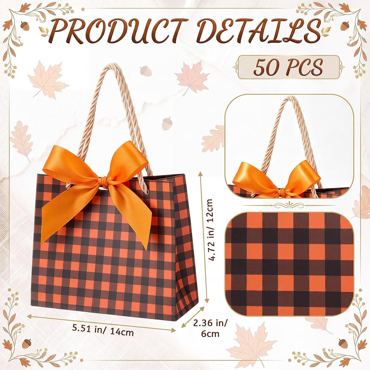 50 Pcs Small Fall Paper Gift Bags with Handles, Orange & Black