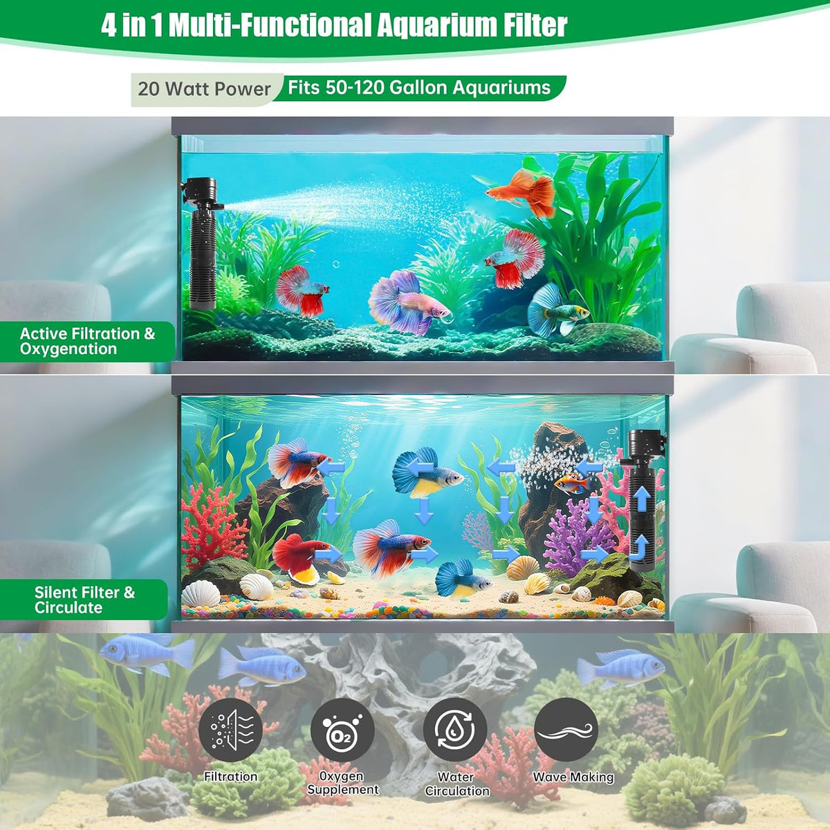 20W Submersible Aquarium Filter for 50–120 Gallon Fish Tanks, Quiet Operation Internal Pump, Energy Efficient, Easy
