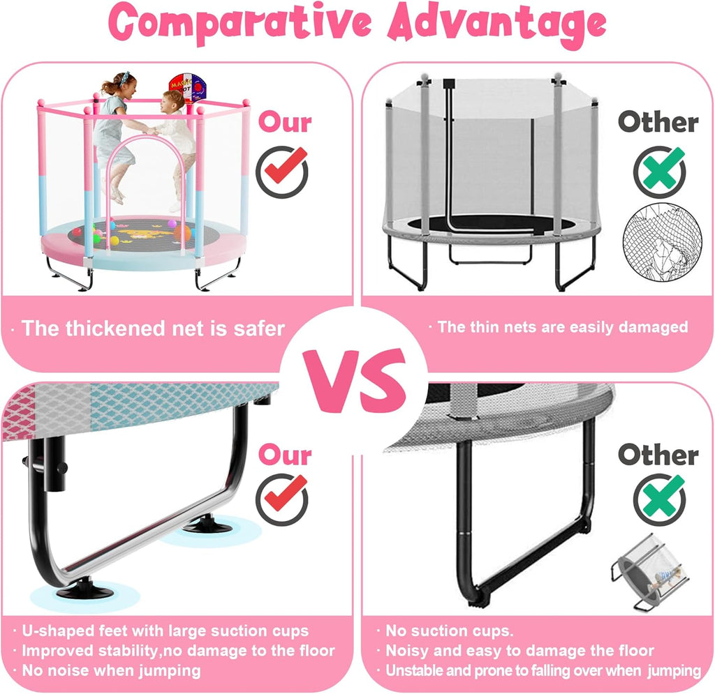 60" Trampoline for Kids, 5 FT Indoor & Outdoor Toddler Baby Trampoline with Basketball Hoop, Safety Enclosure