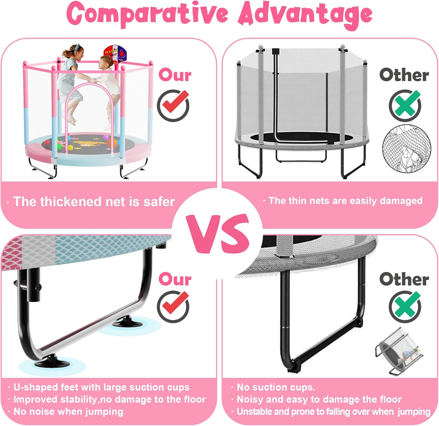 60" Trampoline for Kids, 5 FT Indoor & Outdoor Toddler Baby Trampoline with Basketball Hoop, Safety Enclosure