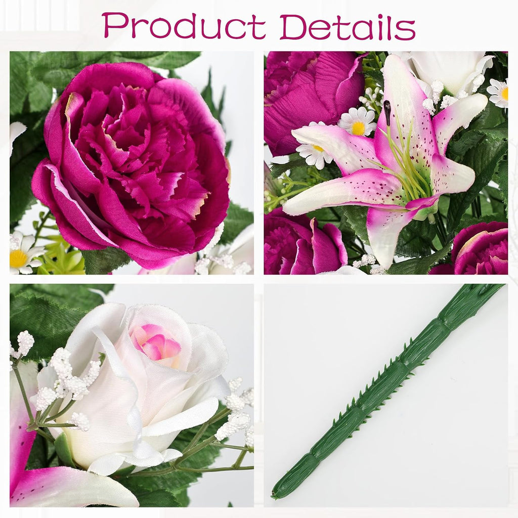 2 Set Artificial Cemetery Flowers for Grave, Silk Sympathy Grave Flowers Bouquet Fake Rose Peony Lily Floral