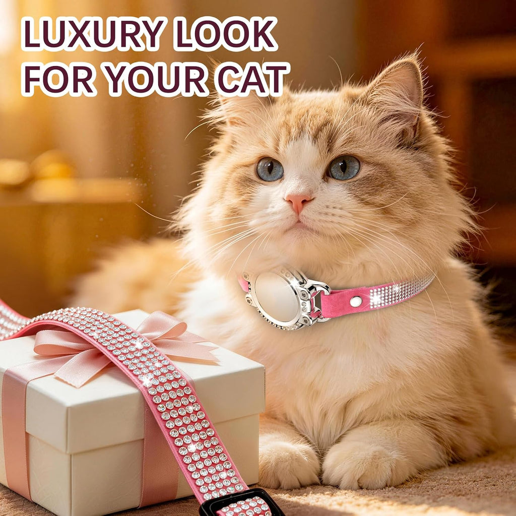 AirTag Cat Collar Breakaway, Rhinestone Collars with Air Tag Holder, Pink