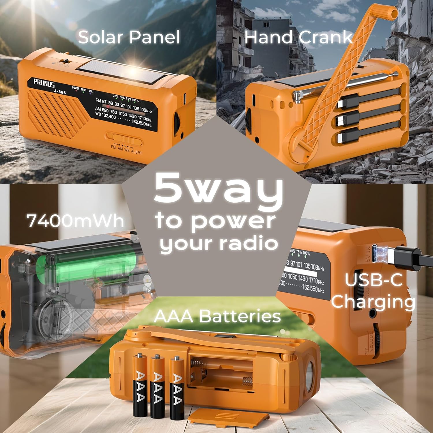 J-366 Emergency Radio with 3 Charging Cables, NOAA Weather Alert | 7400mWh/Solar/Hand Crank/USB-C Charging, Battery