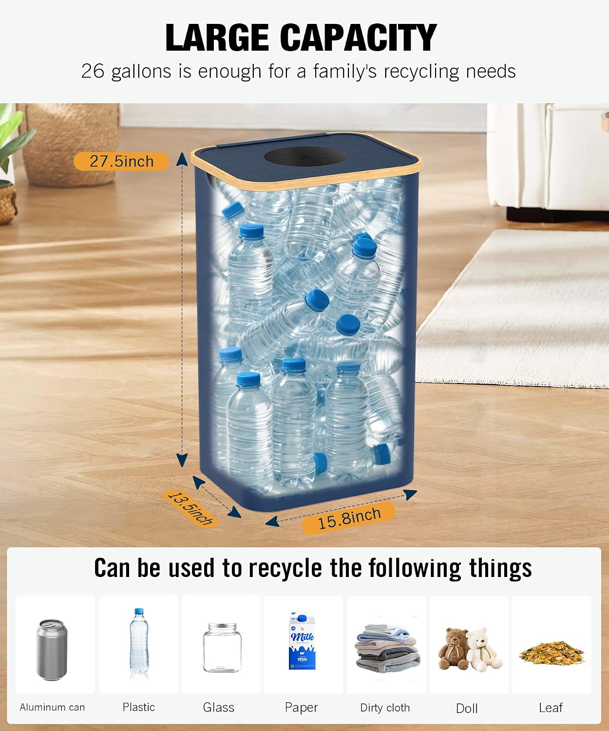 26 Gallon Recycling Bins for Kitchen with lid, Blue | with 2 Pack Removeable and Reusable Inner Bag, Oxford Fabric