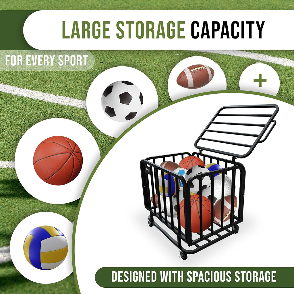 Ball Cart - Basketball Cart with Wheels, Ball Cage Garage Sports Equipment Organizer, Metal Rolling Multi Sports Ball