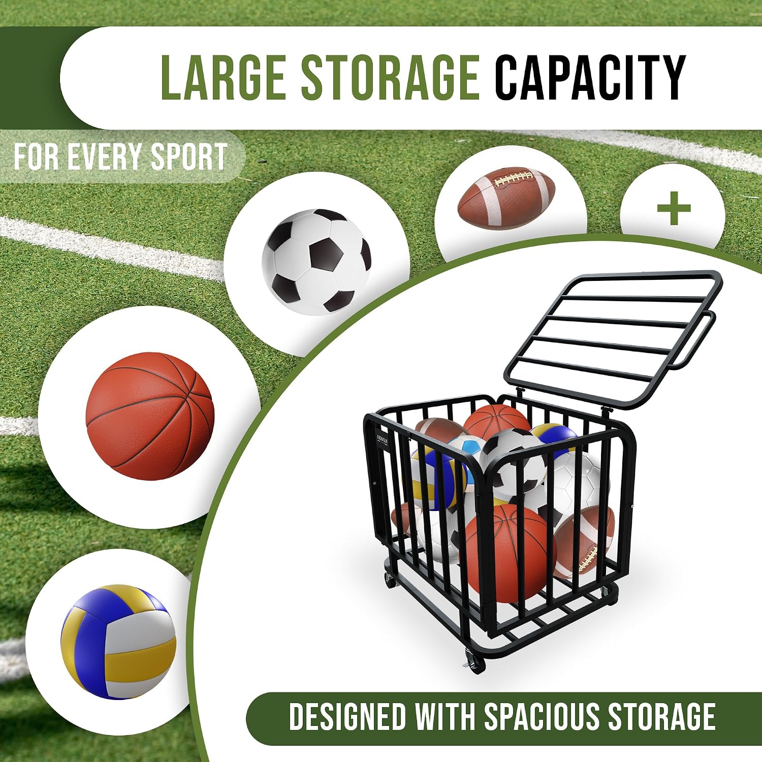 Ball Cart - Basketball Cart with Wheels, Ball Cage Garage Sports Equipment Organizer, Metal Rolling Multi Sports Ball