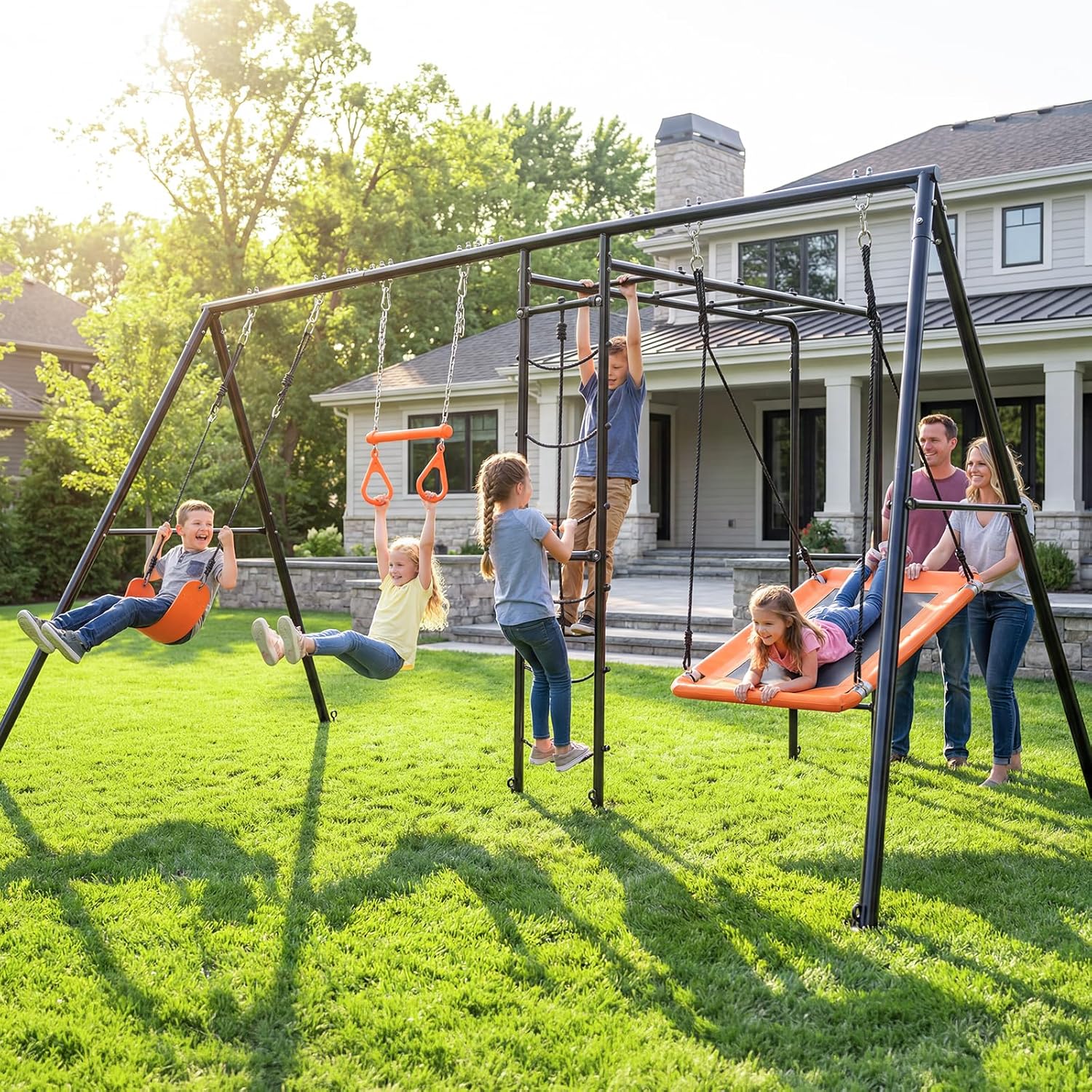 Swing Sets for Backyard with Monkey Bars, Belt Swing, Platform Swing, Climbing Net, Trapeze Bar, Outdoor Playset for