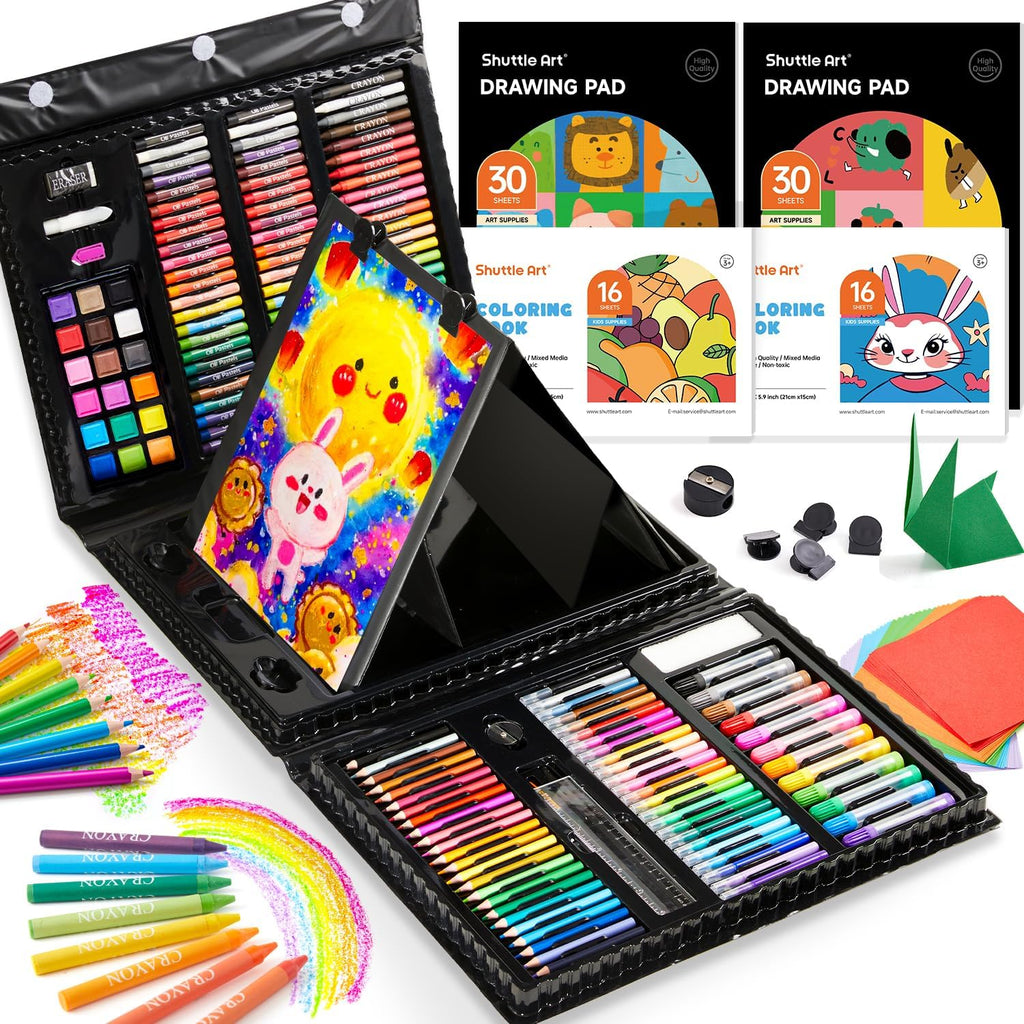 335 Piece Kids Art Set, Multi-Media Art Supplies, Gift Art Kit with Trifold Easel, 2 Drawing Pads, 2 Coloring Books