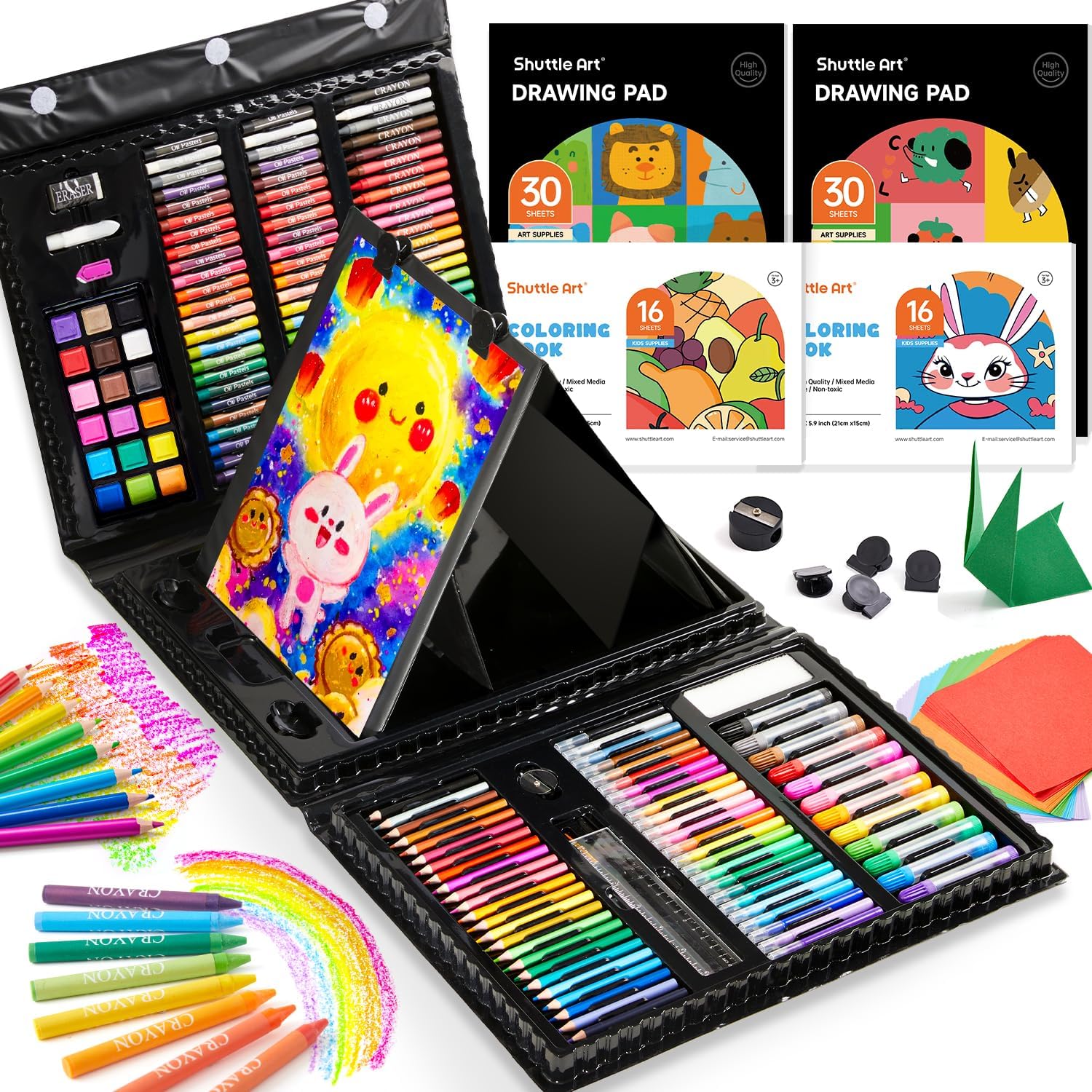 335 Piece Kids Art Set, Multi-Media Art Supplies, Gift Art Kit with Trifold Easel, 2 Drawing Pads, 2 Coloring Books