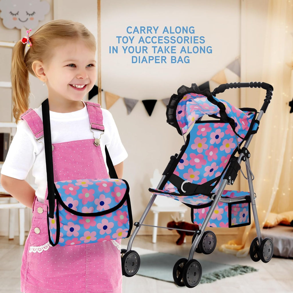 Baby Doll Stroller Bed and Swing Nursery Playset, Baby Doll Accessories Furniture Set Convertible High Chair Diaper