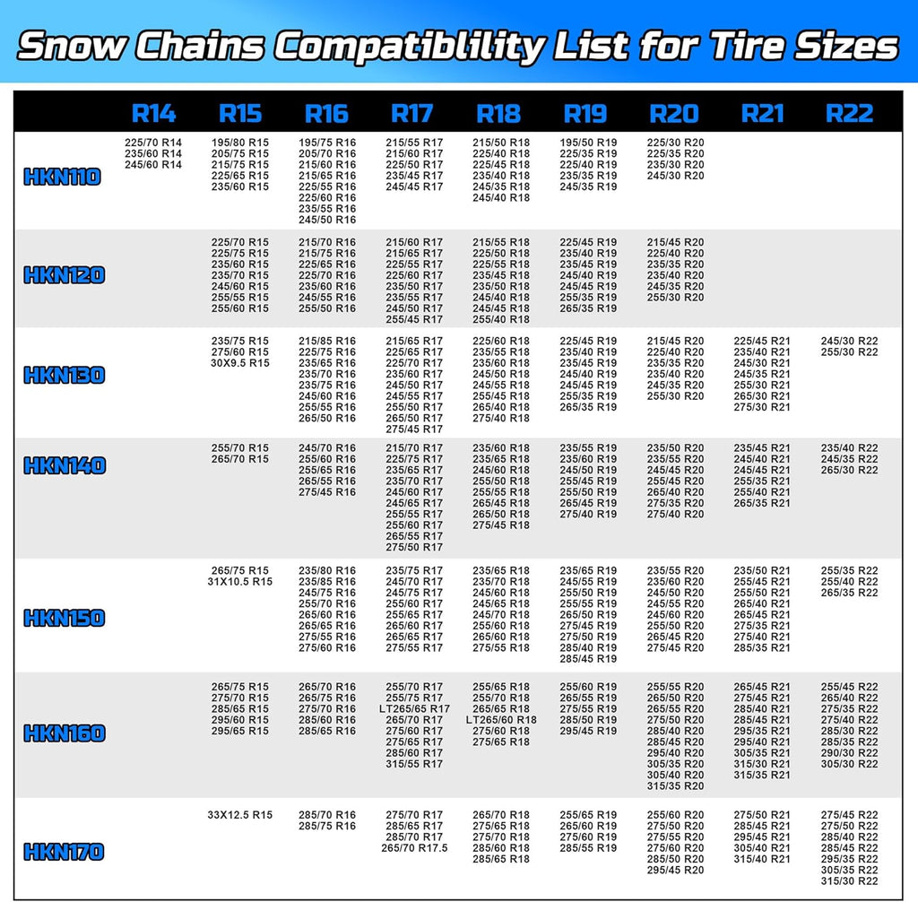 Auto Tightening Snow Chains Tire Chains Quick Easy Installation HKN120 Set of 2 for Cars SUV Pickup Trucks RV 215 225