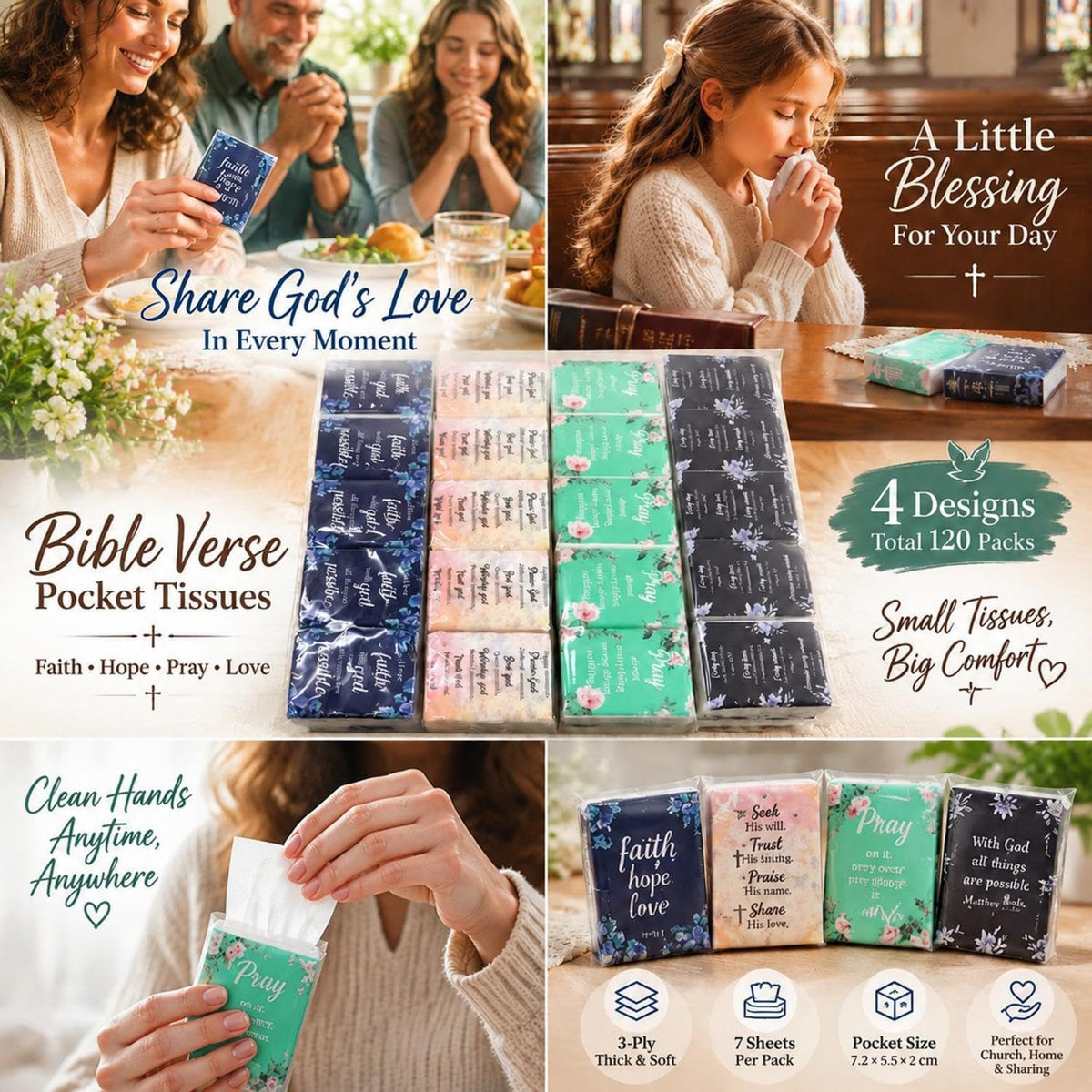 120 Pack Christian English Bible Verse Travel Tissues