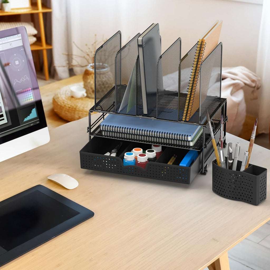 Mesh Desk Organizer with Sliding Drawer, Double Tray and 5 Upright Sections, Black