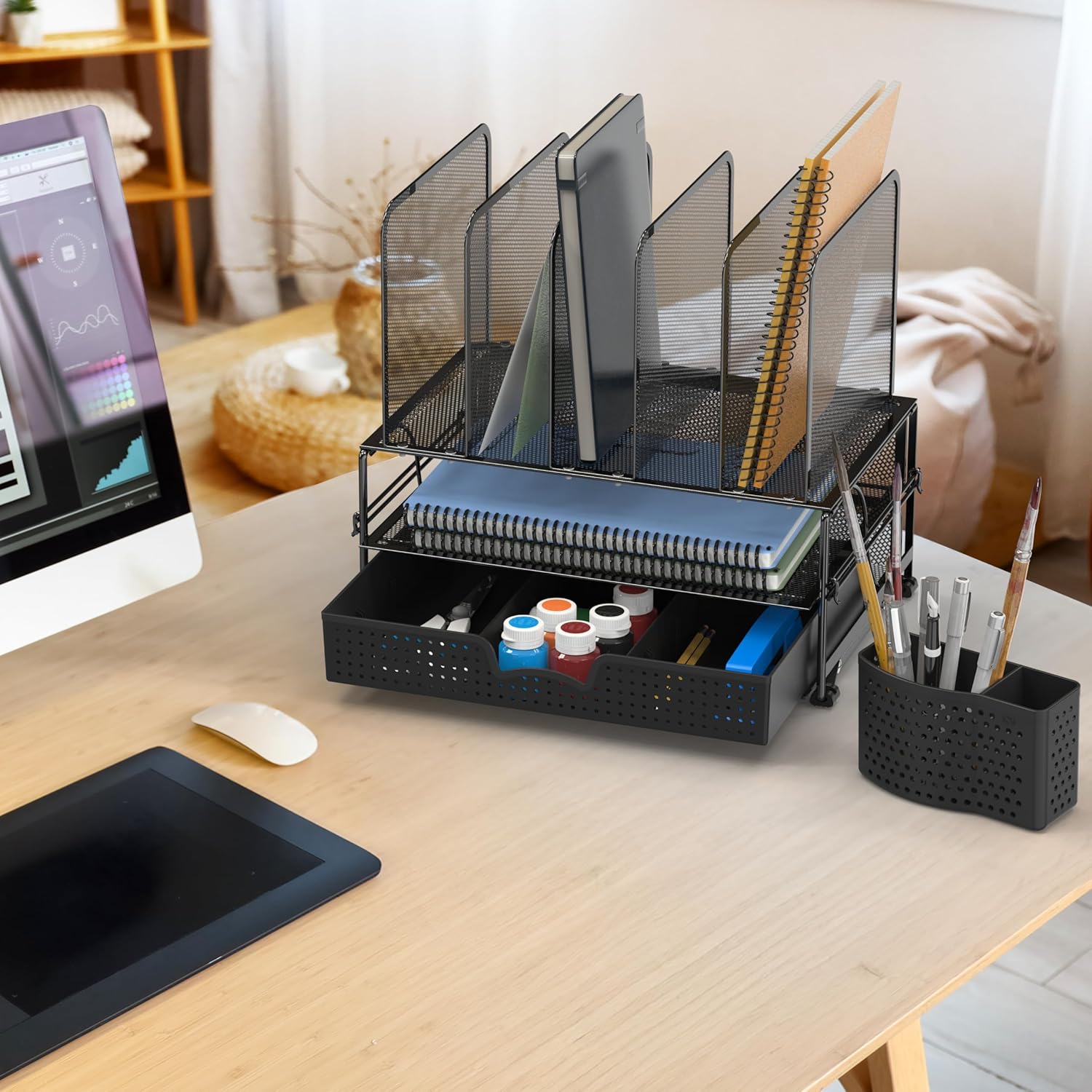 Mesh Desk Organizer with Sliding Drawer, Double Tray and 5 Upright Sections, Black