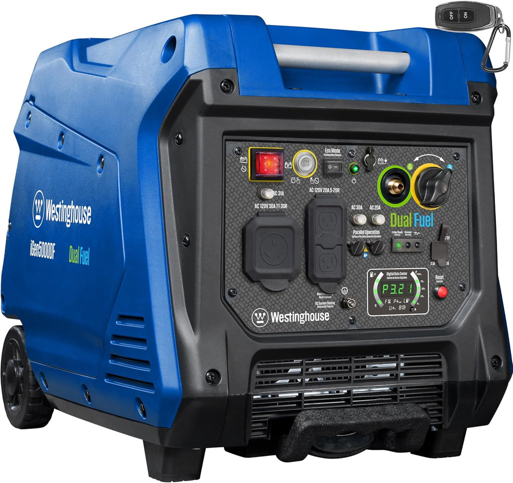 5000 Peak Watt Super Quiet Dual Fuel Portable Inverter Generator, Remote Electric Start, Gas & Propane Powered, RV