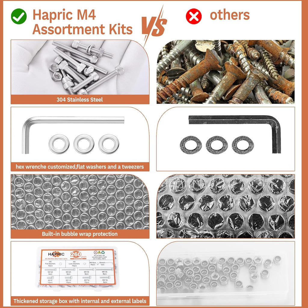 Hapric 260 Pcs M5 Screw Assortment Kit, M5x 8-35MM Bolts Kits