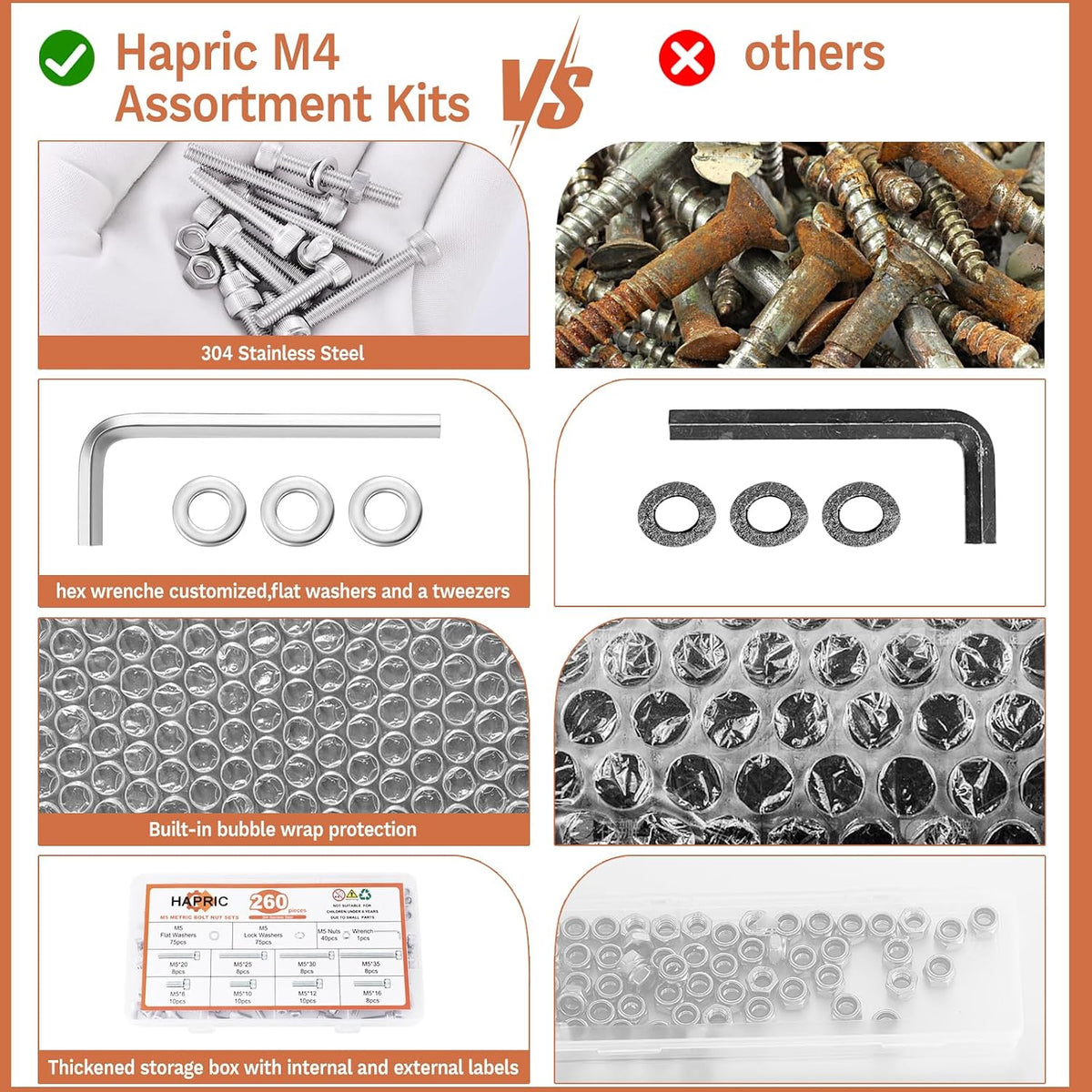 Hapric 260 Pcs M5 Screw Assortment Kit, M5x 8-35MM Bolts Kits