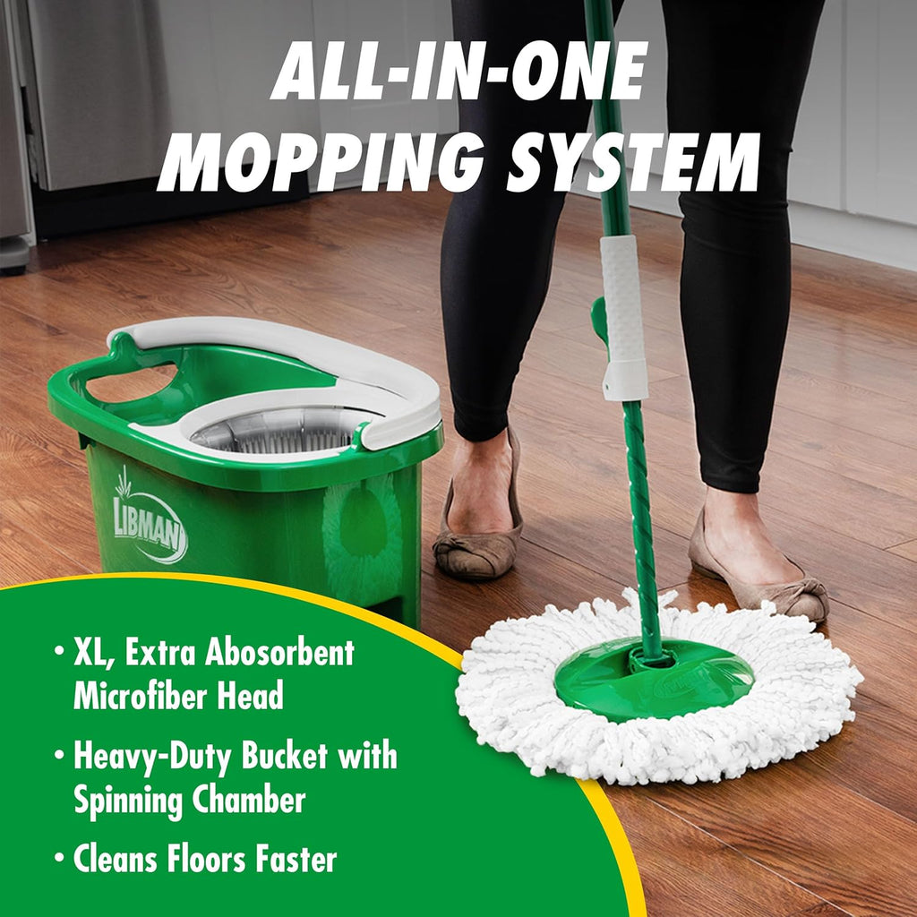 Libman Tornado Spin Mop System and 1 Refill, Mop and Bucket with Wringer Set for Hardwood Floor Cleaning, 2 Total