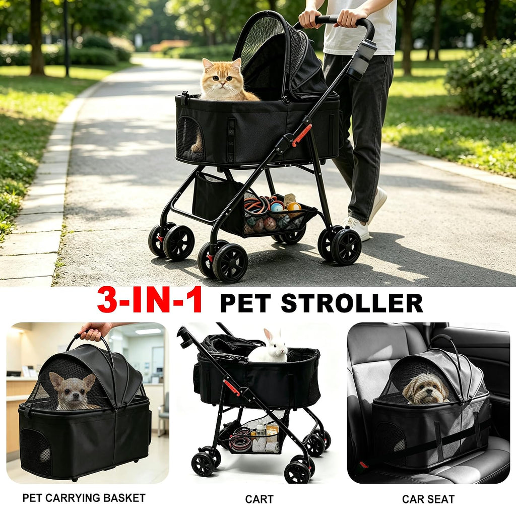 3 in 1 Dog Cat Stroller for Small Pet Up to 25 lbs & 25"