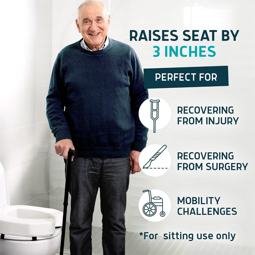 Padded Toilet Seat Riser for Seniors - Adds 3 inches. Universal Fit - FIRM Raised Toilet Seat Cushion with