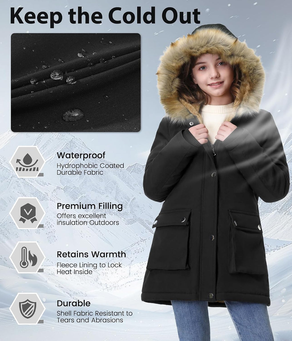 Girls' Winter Fleece Lined Parka Coat, Warm Hooded Puffer Jacket for Kids | Removable Faux-fur Trim, Two Large