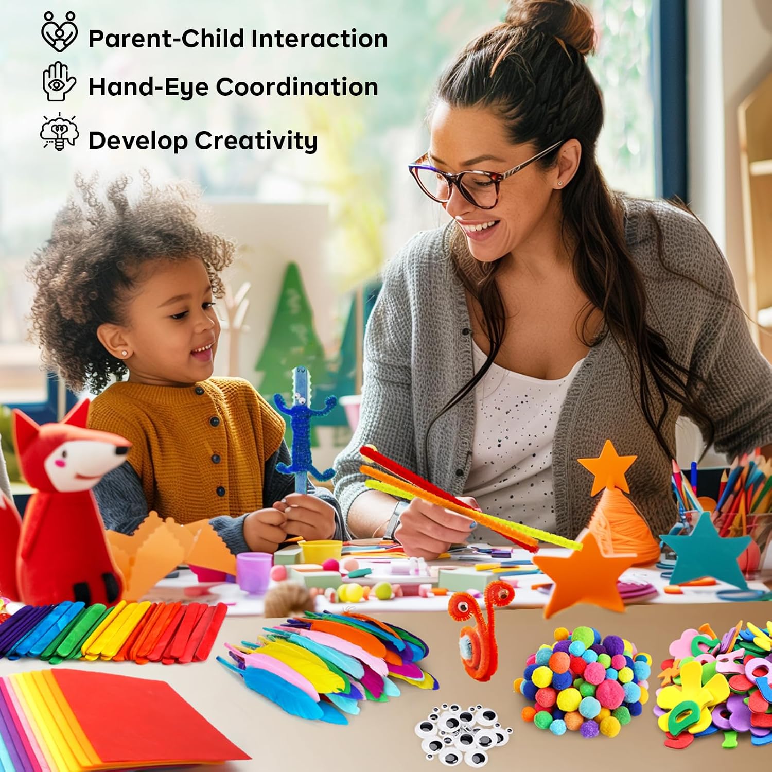 Arts and Crafts Supplies for Kids - Toddlers Craft Kit with Glitter Glue Stick, Pipe Cleaners, Pom Poms, Popsicle