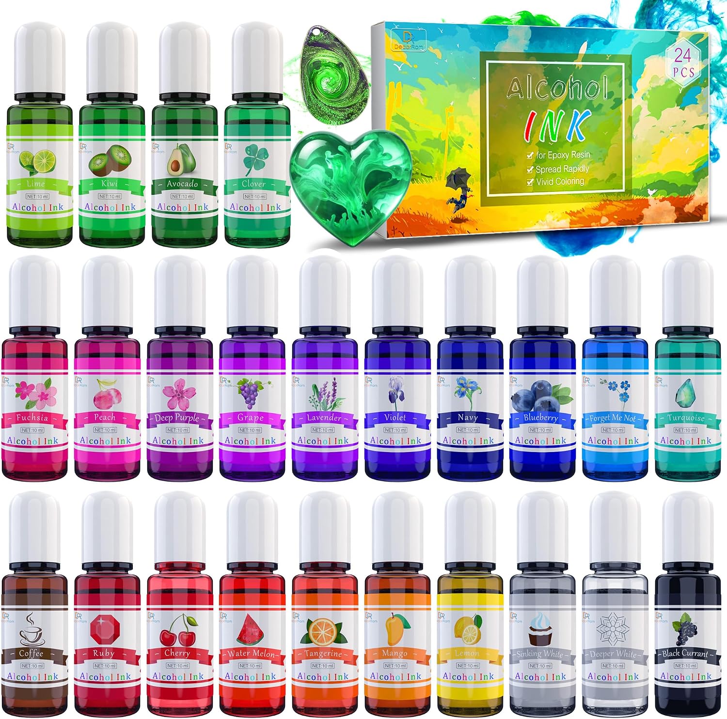 Alcohol Ink Set - 24 Vibrant Colors for Resin Art, Petri Dish Making | Epoxy Resin Painting - Concentrated