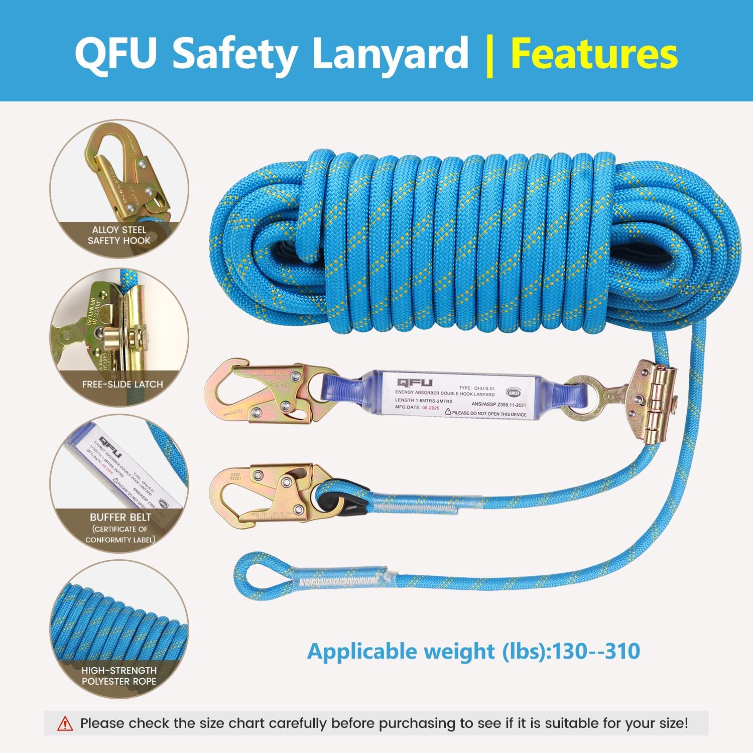 Heavy Duty Fall Protection Rope for roof & tree climbing. Includes safety harness, alloy steel clips, shock-absorbing