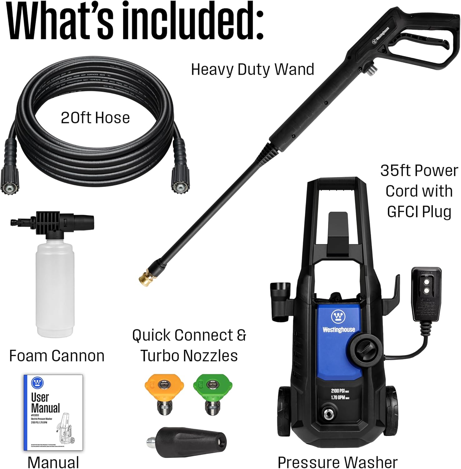 ePX3050 Electric Pressure Washer, 2100 Max PSI 1.76 Max GPM with Foam Cannon and Turbo Nozzle, for