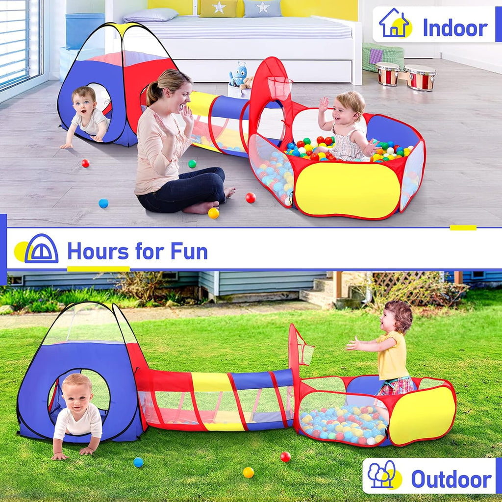 3 in 1 Kids Play Tent with Play Tunnel, Ball Pit, Basketball Hoop for Boys & Girls, Toddler Pop Up Playhouse Toy for